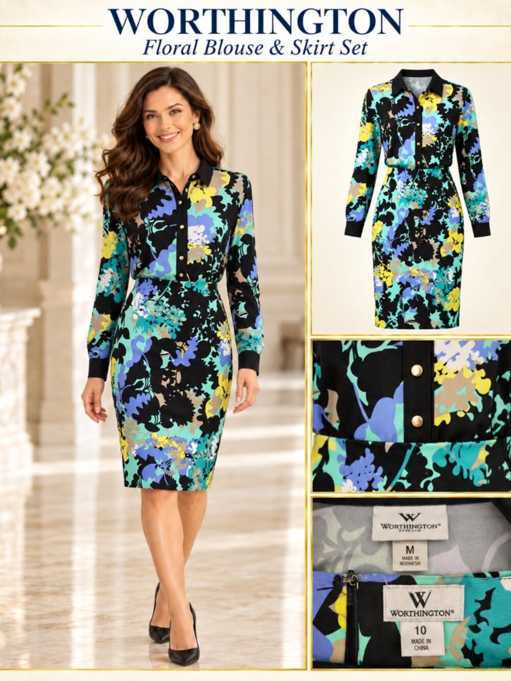 WORTHINGTON M/10 Floral Blouse & Pencil Skirt Set Black Teal Purple Yellow